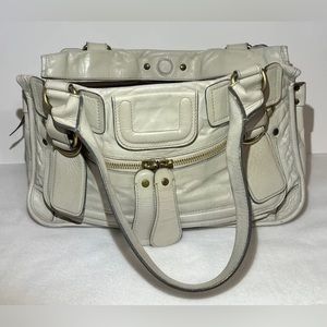 Chloe Large Bay Satchel Zip Bag Pockets Ivory Leather  WAuthenticity Certificate